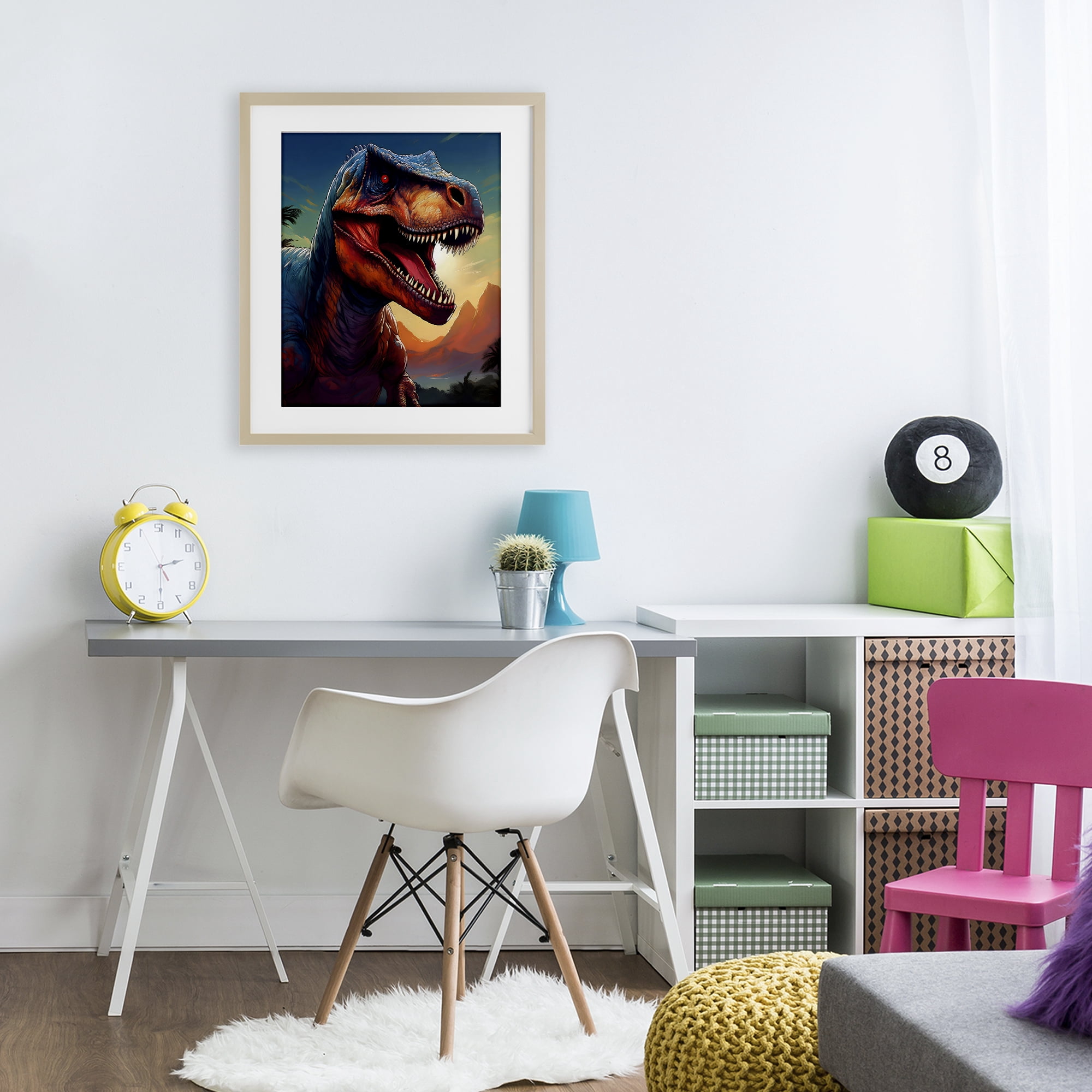 Stupell Industries Dinosaur with Sunset Landscape Birch Framed Print Under Glass, design by Creative Studio