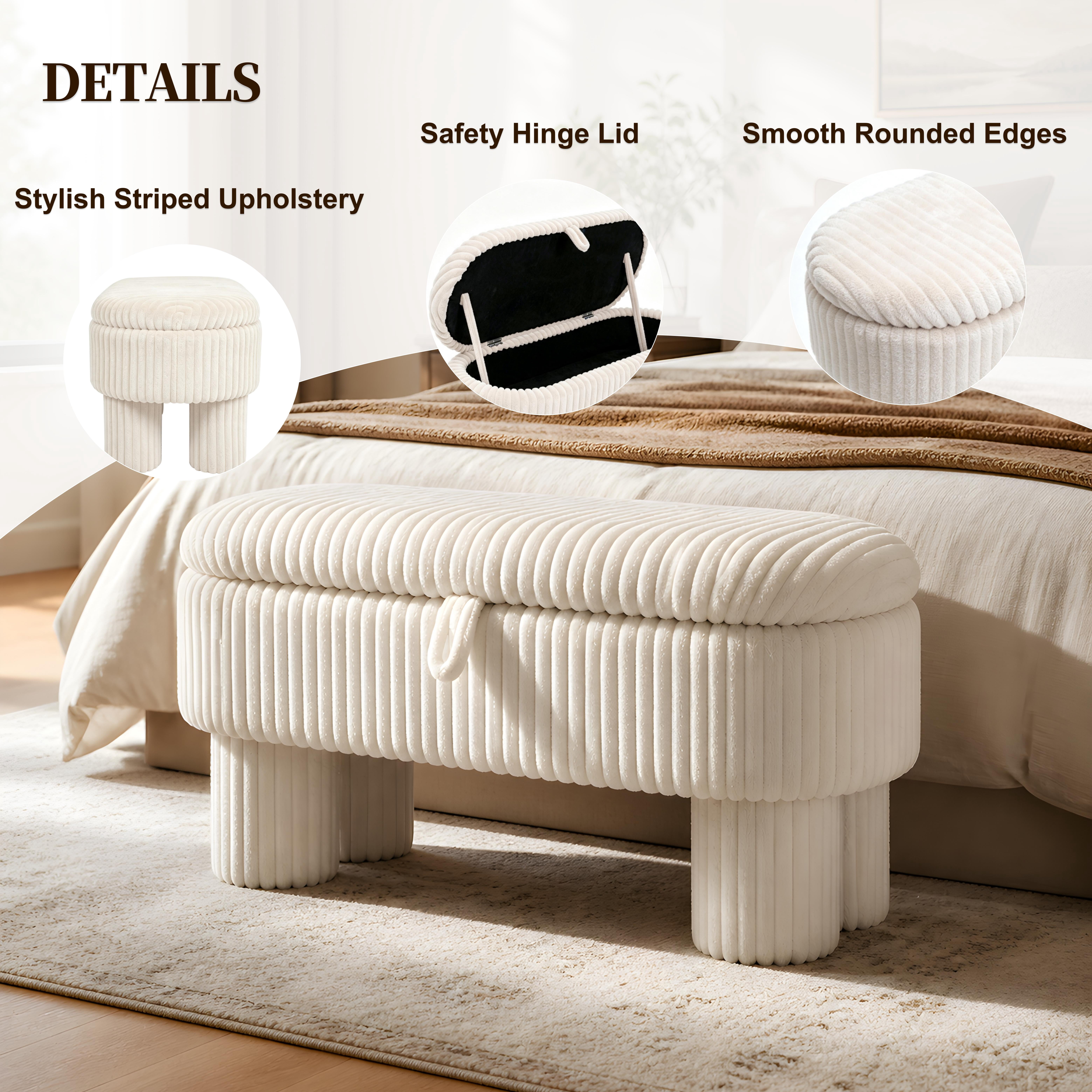 Euroco Modern Storage Ottoman Bench,Corduroy Upholstered Entryway Shoe Bench, End of Bed Bench for Living Room Bedroom,Beige