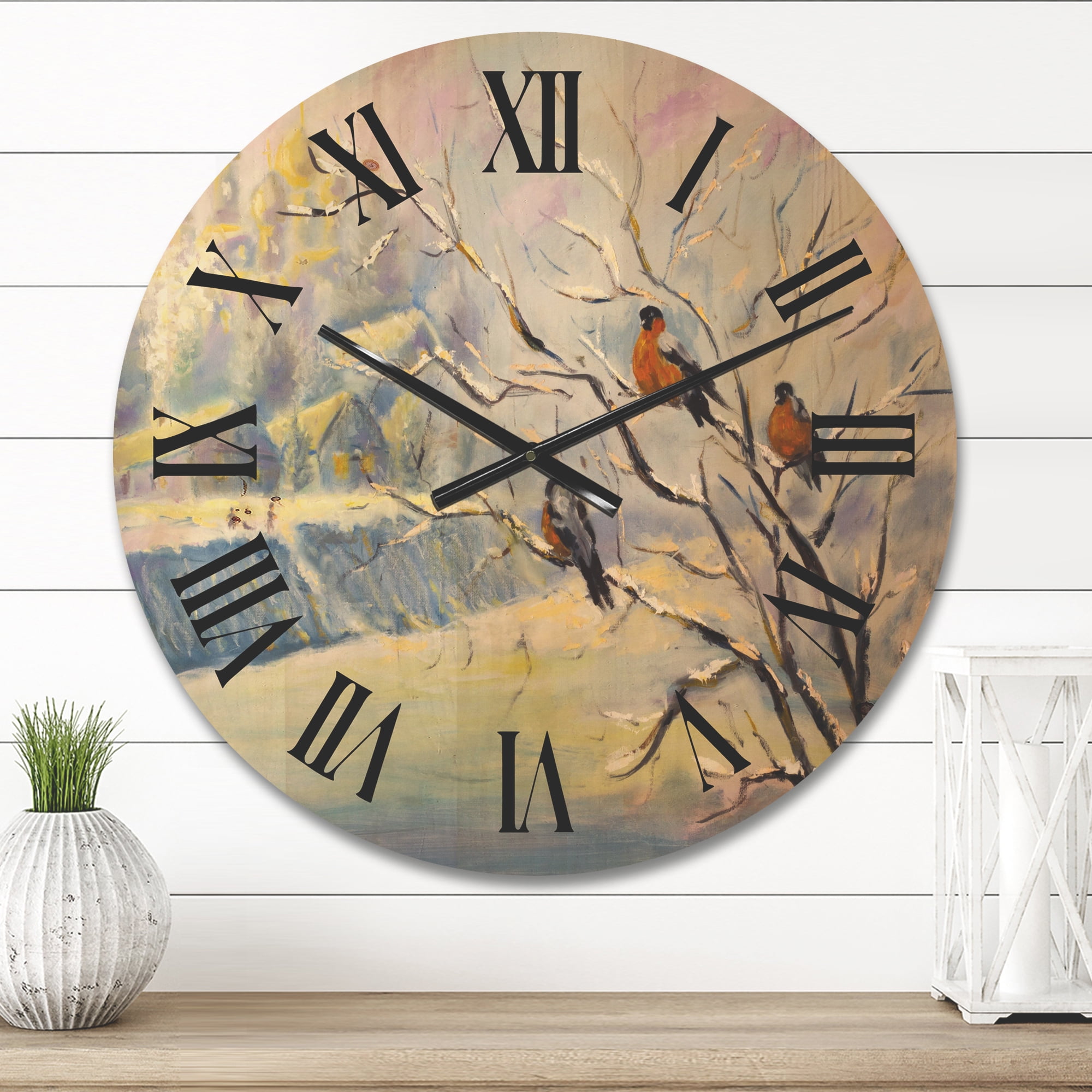 Designart 'Rustic Birds Sitting On A Tree In Winter Village' Farmhouse Wood Wall Clock