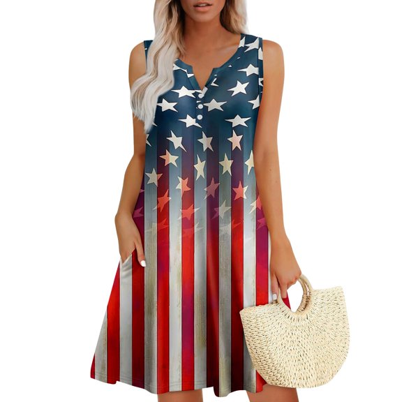 WTOBBY Women's Summer Dresses Loose V Neck Sleeveless Sundresses with Pockets, Casual and Practical for Daily Wear and Travel,Blue L