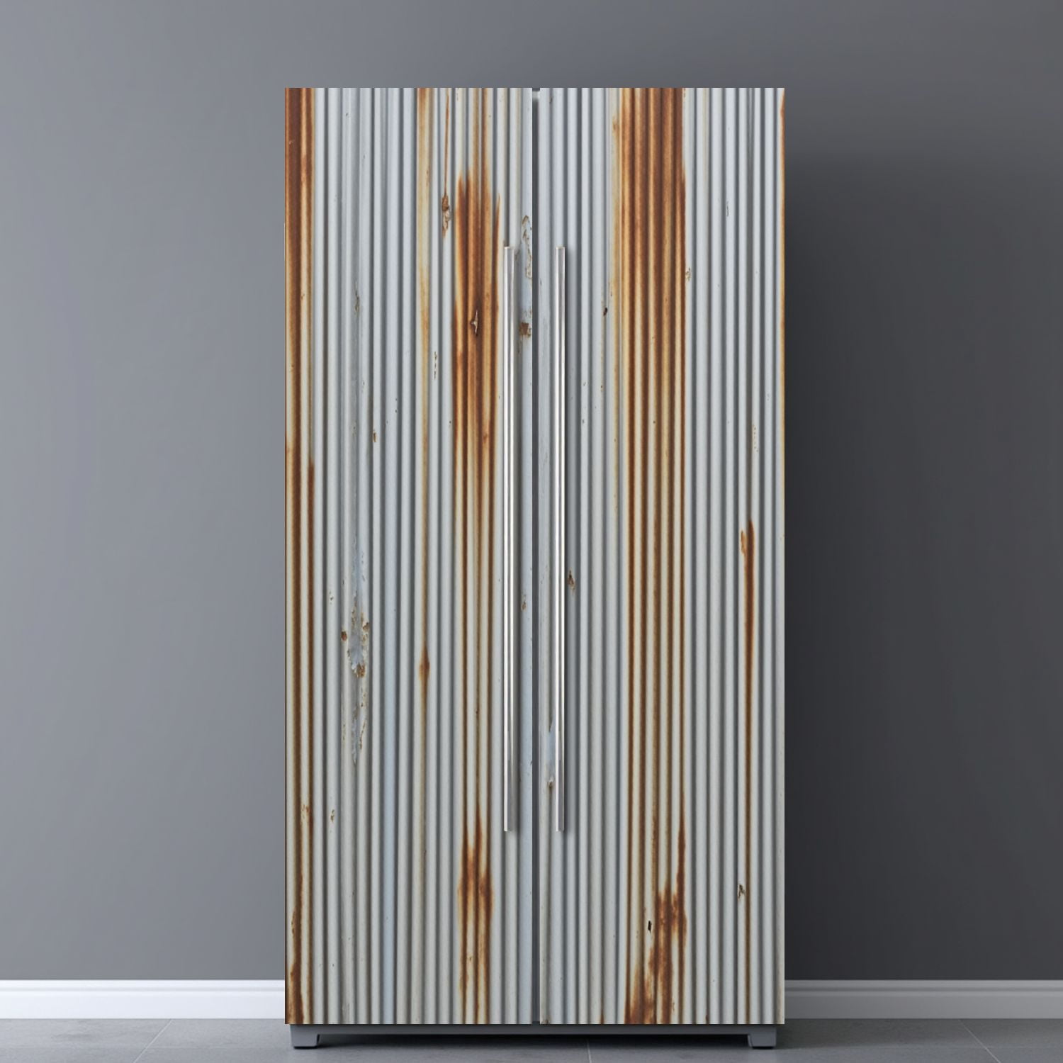 Self Adhesive Vinyl Refrigerator Wrap Set Rusty Corrugated Metal Weathered Gray Orange Patina Door Mural Removable Fridge Sticker Peel and Stick&nbsp;Full Door Cover Decal Kitchen Bar Decor