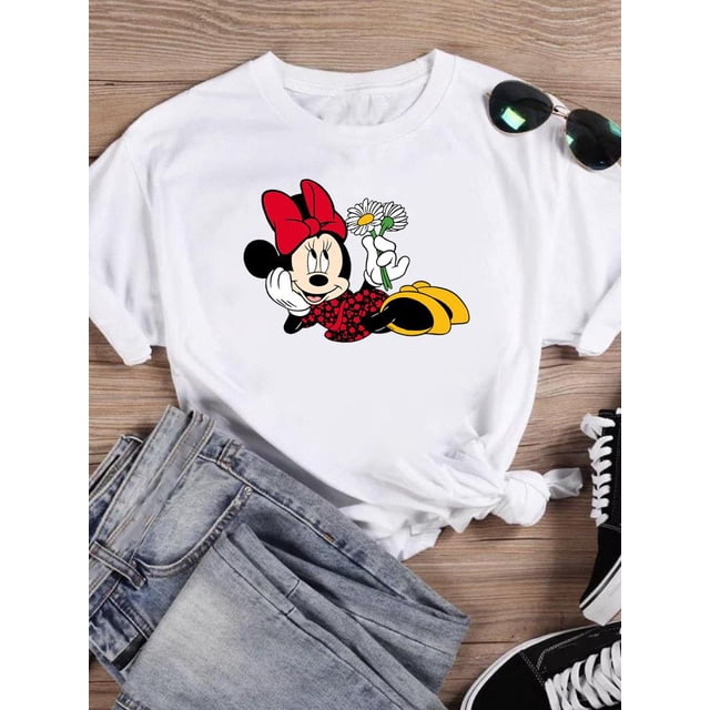 Disney Cartoon Clothing Casual Tee Shirt Mickey Mouse Women Holiday Summer Short Sleeve Print Fashion Graphic T-shirtsXXXL Gao Jinjia LED