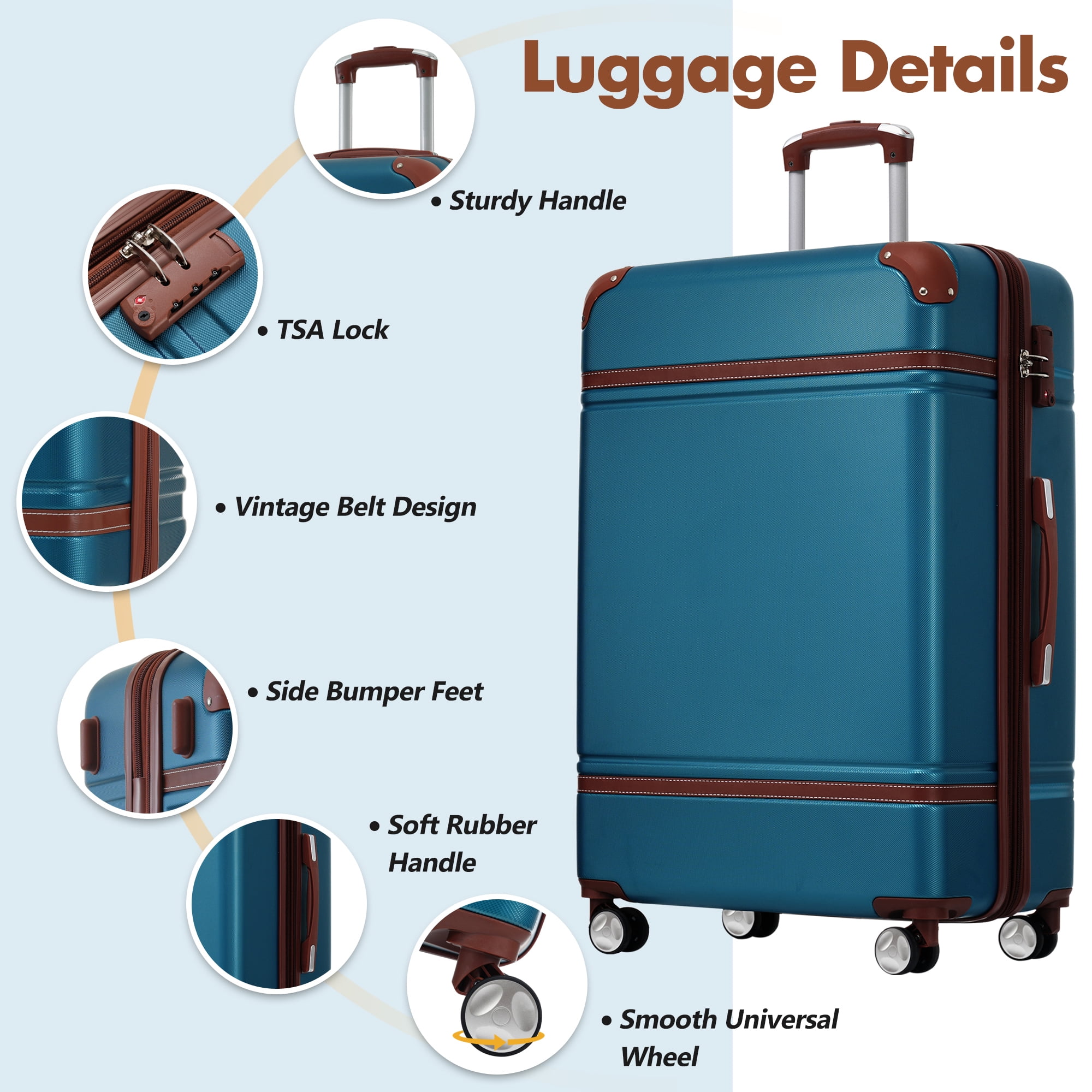 Hardshell Luggage Sets with Bags Lightweight Suitcase Double Spinner Wheels with Tsa Lock,Single Vintage Luggage 28 In,Blue,Blue Abs Travel Luggage Hard Case
