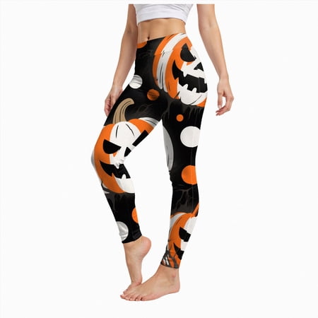 Halloween Leggings for Women High Waisted Fall Athletic Workout Legging Soft Stretch Printed Gym Yoga Pants Plus(Orange XXL)