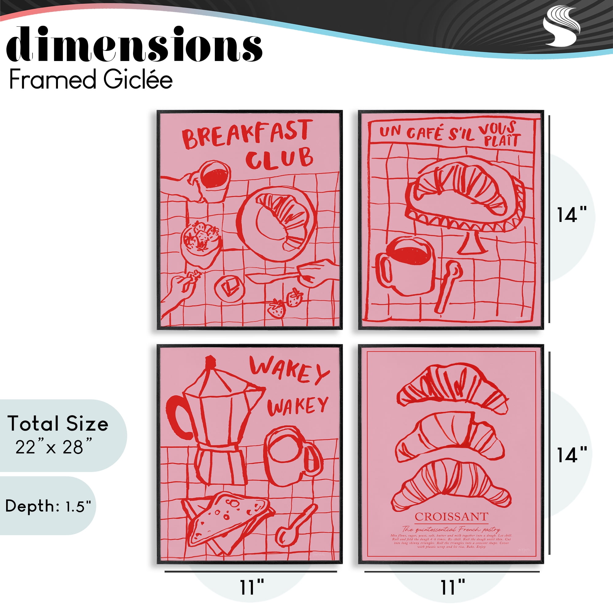 Stupell Industries Pink & Red Breakfast Doodles 4 Piece Black Framed Giclee Art Set, design by Jenaya Jackson