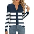 thumbnail image 2 of YueHuiYing Women's Navy Polka Dot Patchwork Striped T-Shirt - Round Neck Long Sleeve Loose-Fit Slimming Casual Top, 2 of 6