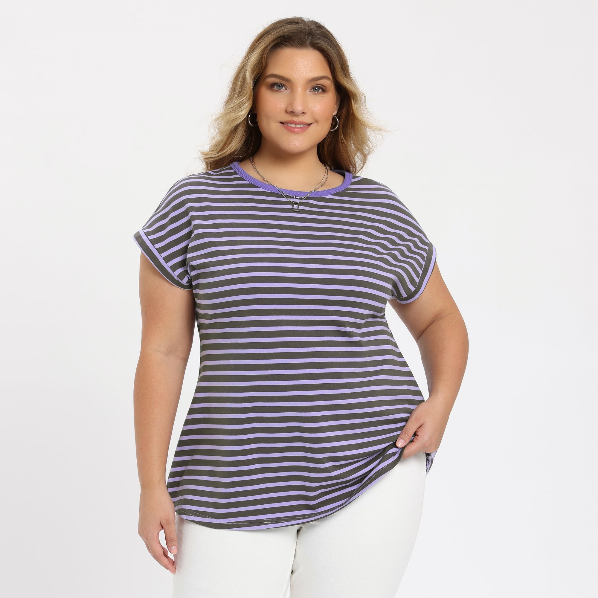 DARING DIVA Women's Plus Striped Raglan Sleeve Crew Neck T-Shirts Blouses 4X Purple