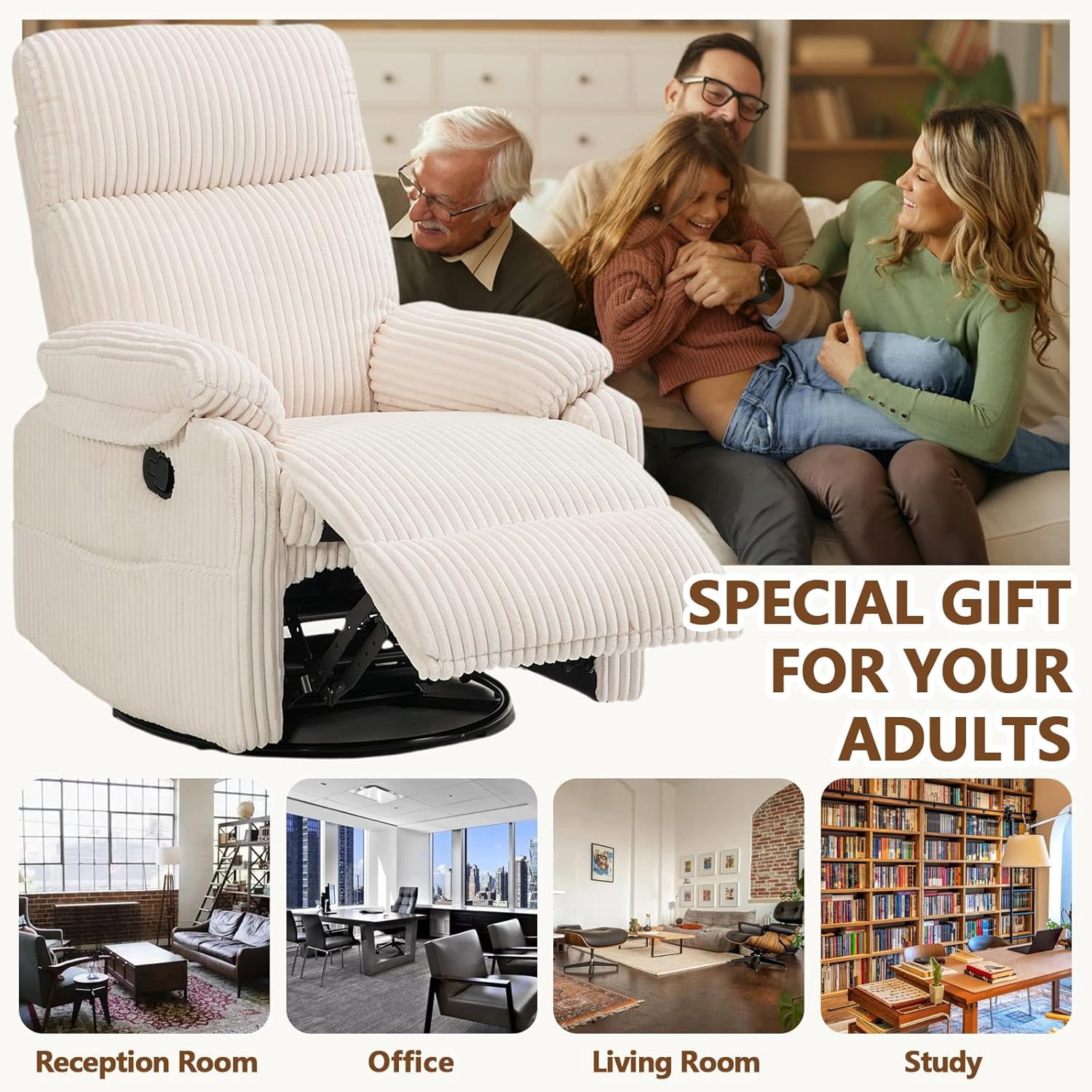 Beige Rocking Chair Nursery Recliners, Small Recliner Rocking Chair for Small Spaces, Manual Swivel Glider Recliner for Living Room Bedroom Office, Corduroy，Adjustable Backrest & Footrest (Beige)
