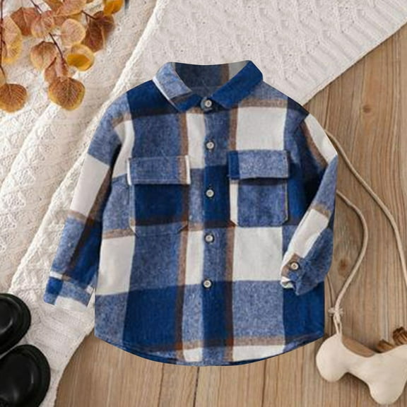 lkfuzj Boys Girls Flannel Plaid Shirt Jacket Long Sleeve Lapel Button Down Shirts Coat Pocketed Regular Fit Casual Fall Winter Outerwear - Blue