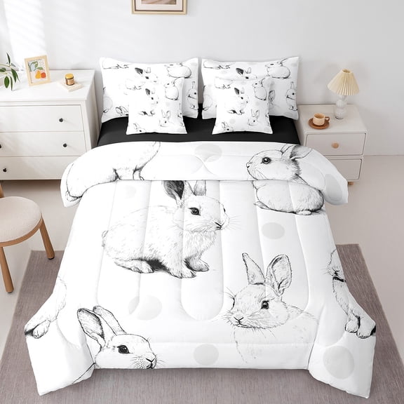 Erosebridal Rabbit Print Bedding Sets Twin Size, White Black Comforter Sets with Sheets, Kawaii Bunnies Reversible Bedding Twin Size, Microfiber Room Decorative, 7 Pieces
