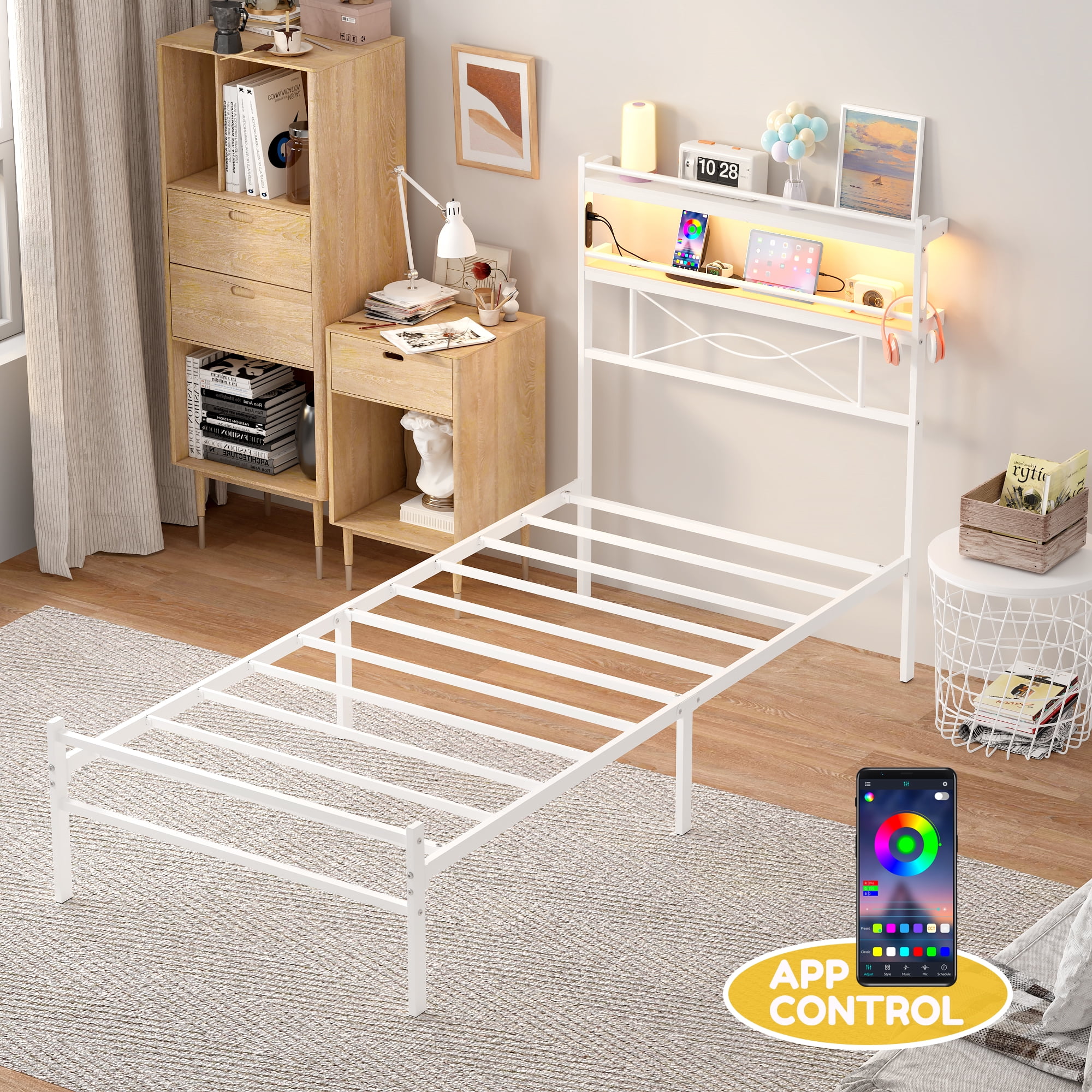 Yoneston Twin Size Power Outlet LED Light Metal Platform Bed Frame with 2-Tier Storage Headboard for Girls Kids Teens Bedroom, White