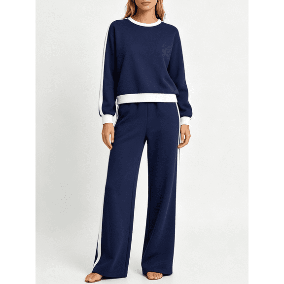 Two Piece Lounge Sets for Women Color Block Long Sleeve Crewneck Sweatshirt Wide Leg Sweatpants Trendy Vacation Travel Airport Outfits