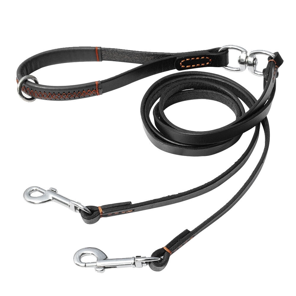Didog 2 Way Real Leather Dog Double Leash Coupler Leashes for Two Twin Dogs Black Brown