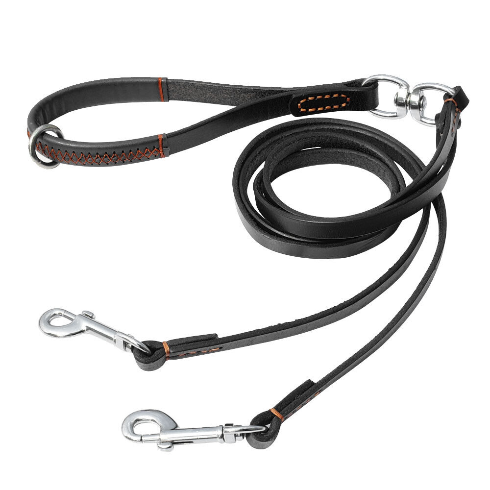 Pet Artist Brown Rubberized Leather Coupling Leash – Double Leash For Walking 3 Dogs Together