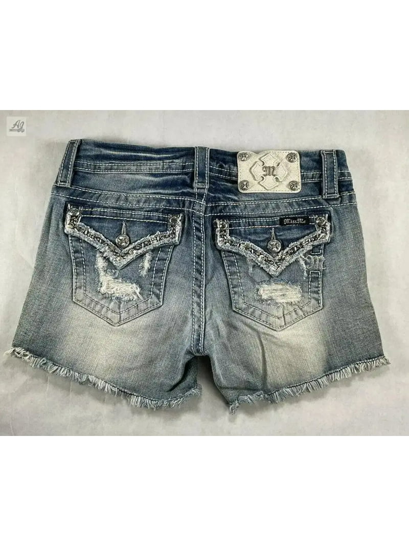 Miss Me Women's Jean Shorts – Mid-Rise Denim Shorts With Frayed Hem & Embellished Pockets