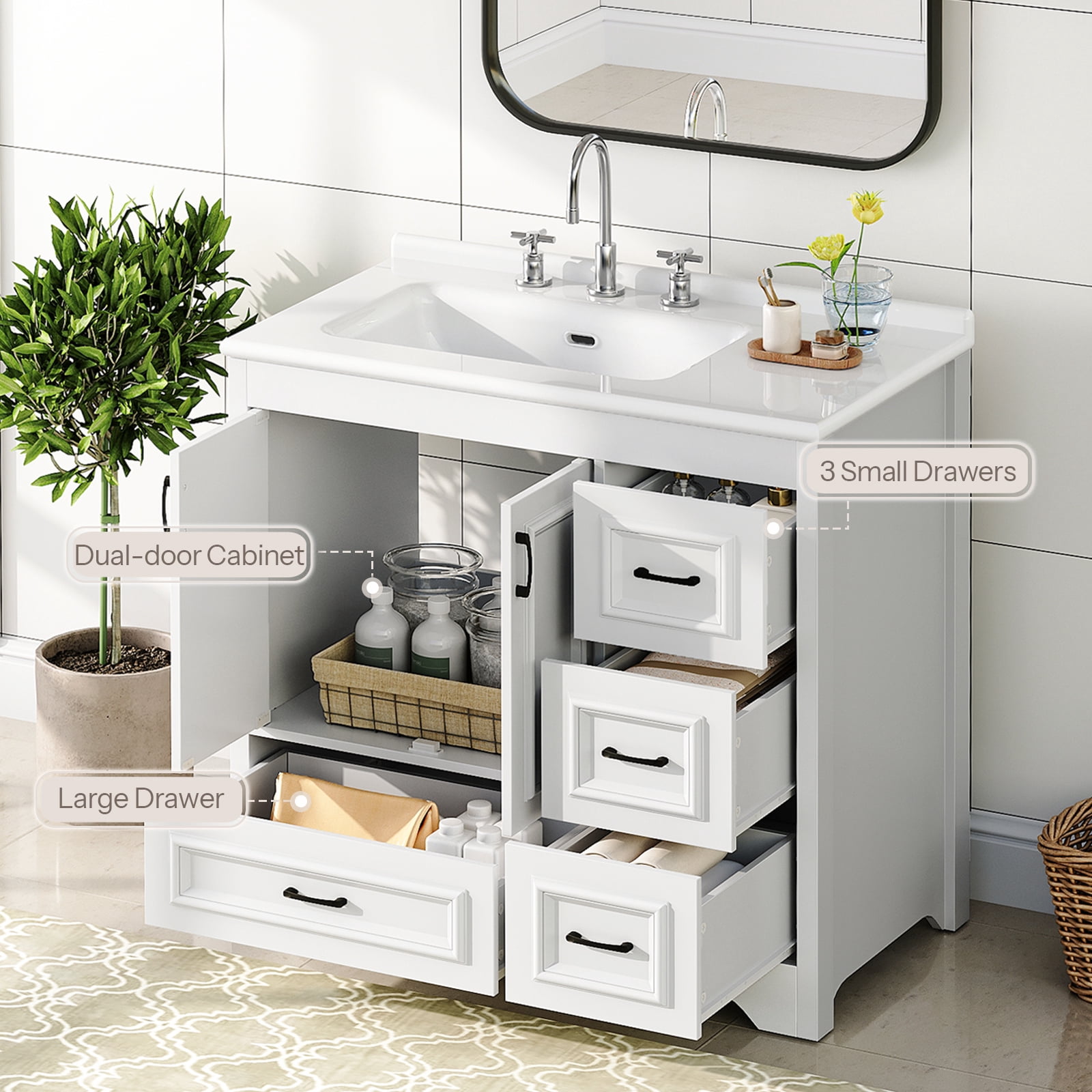 HOOBRO Bathroom Vanity with Sink, Modern Storage Cabinet with Ceramic Countertop, Drawers and Cabinet, Arc Bottom Design and Metal Glides, Drain Kit Not Included, for Bathroom, White WT02BV01