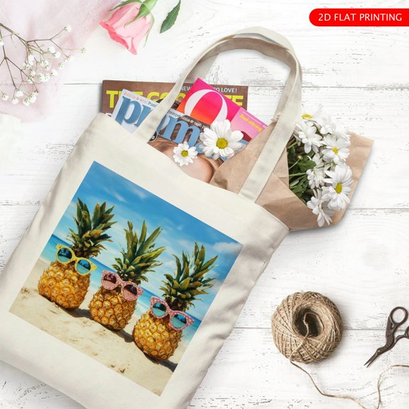 RKSupls Summer Theme Canvas Tote Bag, Pineapple Pattern Reusable Shoulder Tote Bag for Women and Men, Large Durable Canvas Shoulder Bag Perfect for Grocery Work Beach Shopping