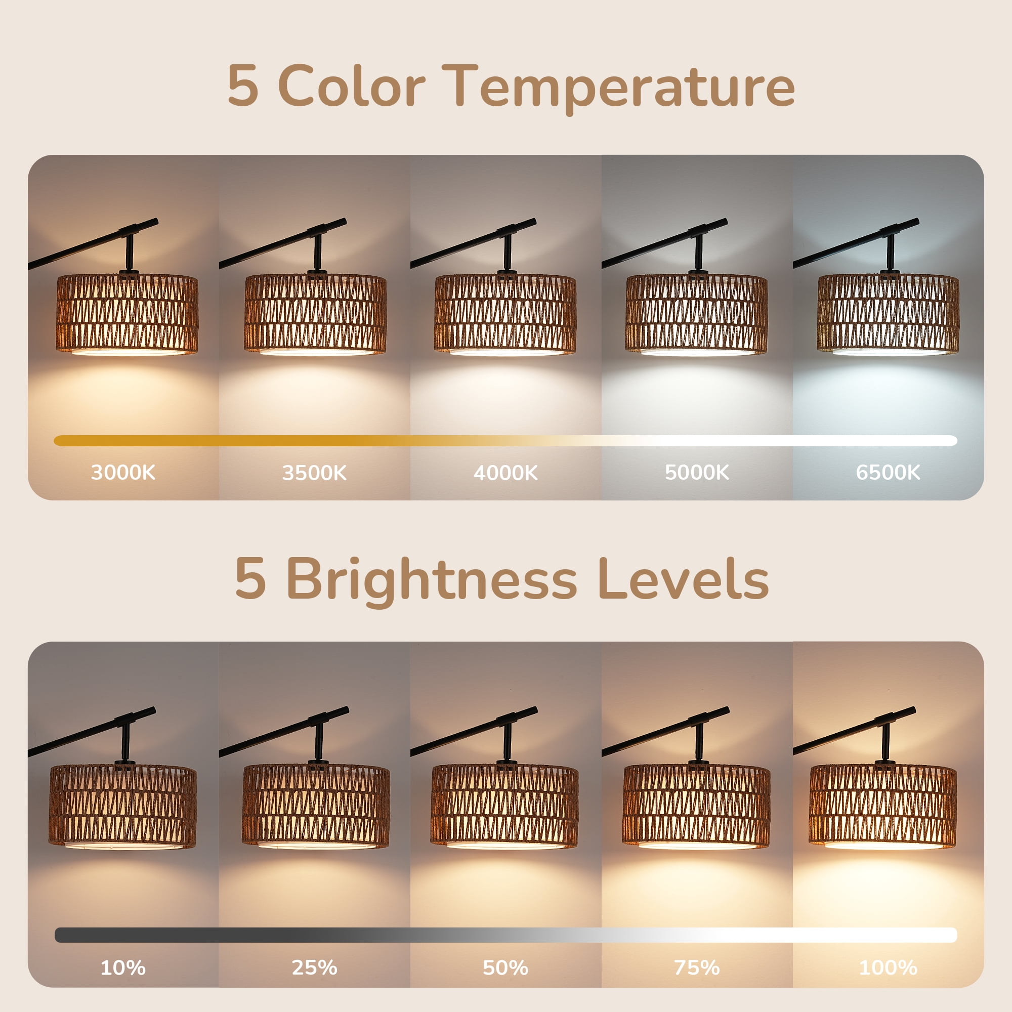 EDISHINE Rattan Floor Lamps with Remote for Living Room, Black Standing Lamp with Rattan & Fabric Double Drum Shade, Boho Farmhouse Tall Lamp for Bedroom, With LED Light Bulb.
