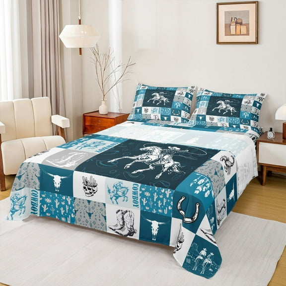 Homewish Bohemian Western Adult Twin Sheet Sets, Cartoon Cowgirl Cowboy Twin Fitted Sheet, Teal Buffalo Plaid Flat Sheet, Lightweight Room Decor, 3-Piece