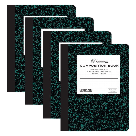 BAZIC Composition Book Marble 1/5 Quad-Ruled 100 Sheet Notebook, Graph Ruled, 4-Pack