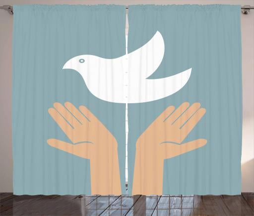 Hippie Curtains 2 Panels Set Dove Of Peace Flying Above Hands For