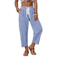 thumbnail image 3 of Bovxnpu Womens Cotton Linen Pants Women Stripe Elastic Waist Drawstring Shorts with Pockets Ankle Shorts, 3 of 7