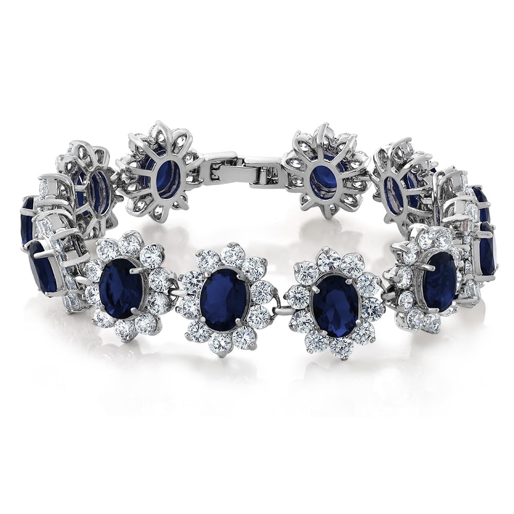 Oval and Round Royal Blue Sapphire Cubic Zirconia Tennis Bracelet 7" with Security Clasp by