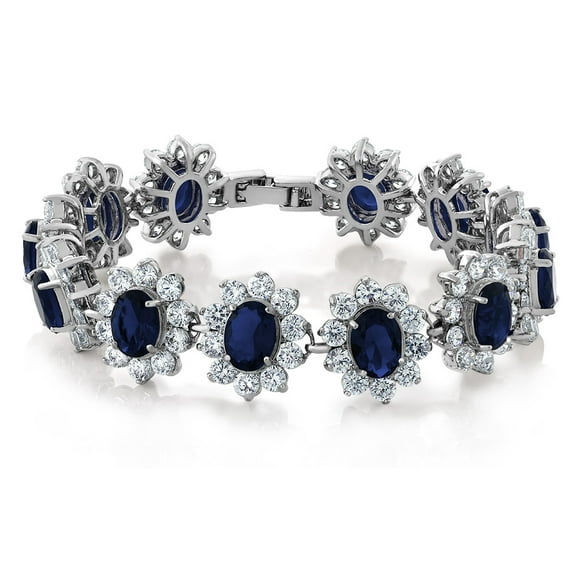 Gem Stone King 27.00 Cttw Royal Blue Simulated Sapphire and White CZ Tennis Bracelet for Women | 8X6MM Oval and 3MM Round | 7 inch with Security Clasp