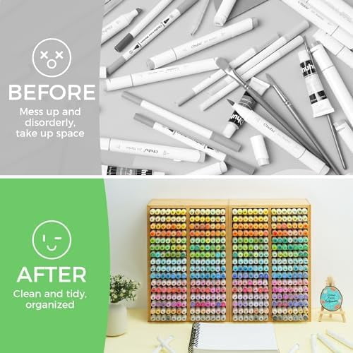 Ohuhu Bamboo Marker Organizer, Holds 224 Markers, 32 Compartments for Desktop, Pens, Oahu Series