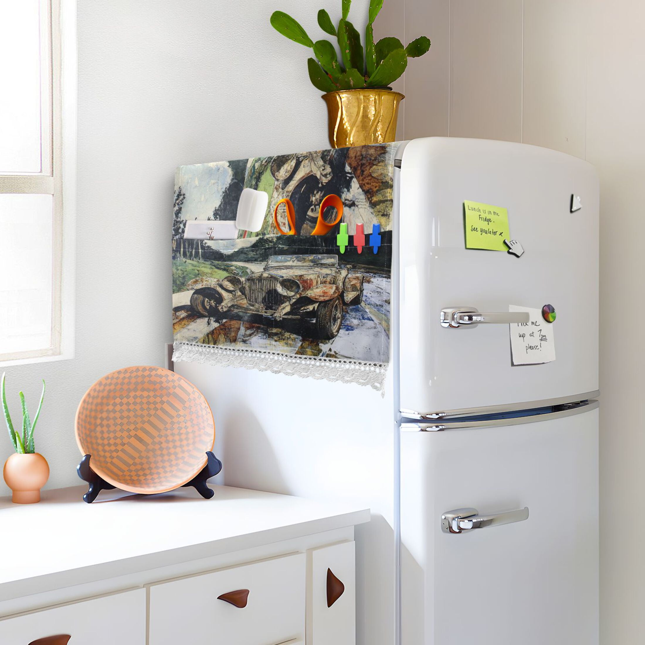 Ancient CarsWasher and Dryer Covers Dust-Proof and Oil Resistant Fridge Cover with 4 Storage Pockets Washing Machine Top Cover for Laundry Kitchen Home 51.2 x 22 In