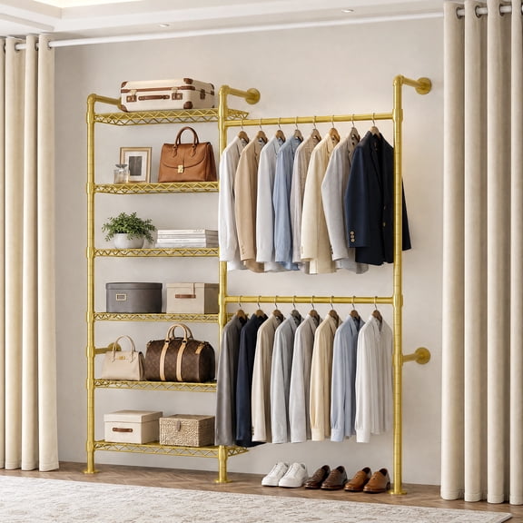 ROGALIS L2 Wall Mounted Closet System, Industrial Pipe Clothing Rack Clothes Racks with 2 Telescopic Rod & 6 Shelves, Heavy Duty Closet Organizers System in Wardrobe Closet, Gold