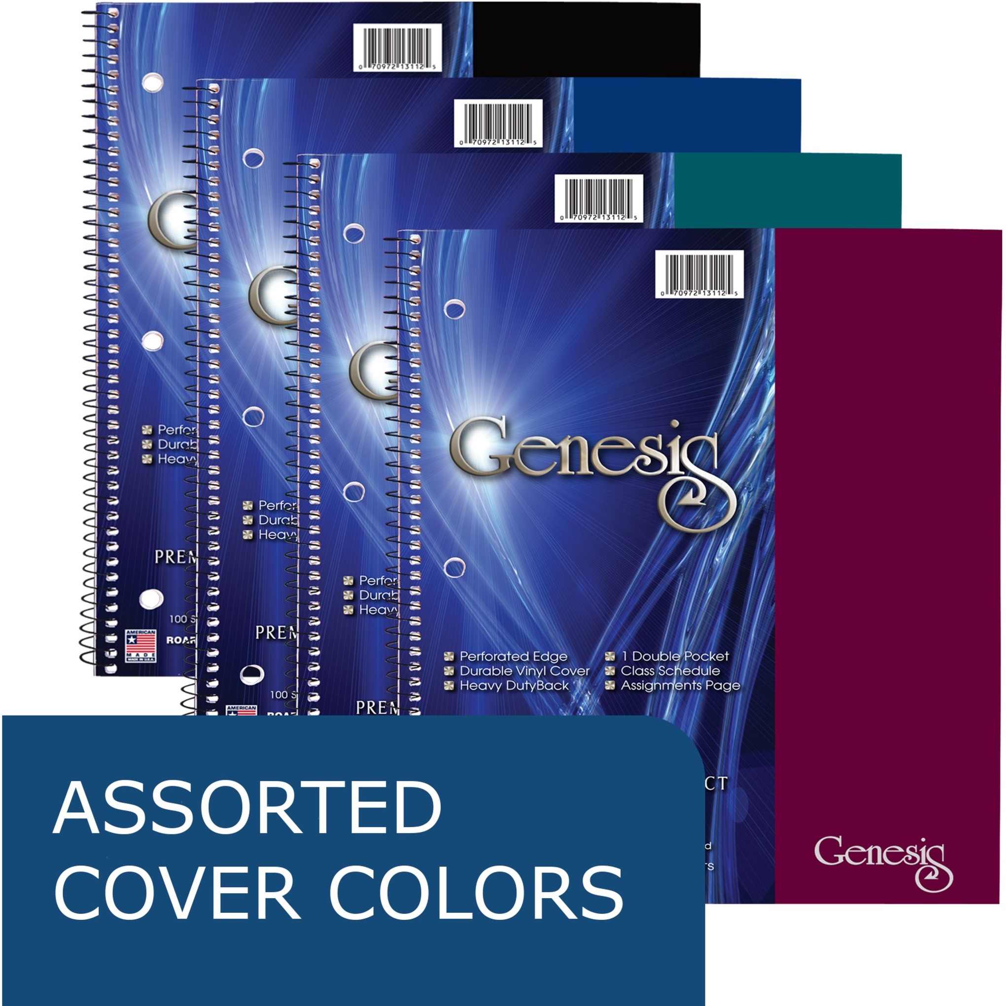 Roaring Spring Genesis College Ruled 1 Subject Spiral Notebook with Double Pocket, 1 Case (12 Total), 11" x 9" 100 Sheets, Assorted Colors