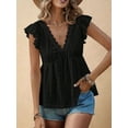 thumbnail image 4 of Deliqiba Women'S Lace Trimmed V Neck Ruffled Sleeve Flared Eyelet Tank Blouse Top Black L, 4 of 5