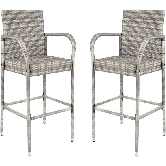 RONG-3 Patio Bar Stools Wicker Barstools Indoor Outdoor Bar stool Patio Furniture with Footrest and Armrest for Garden Pool Lawn Backyard Set of 2 (Gray)
