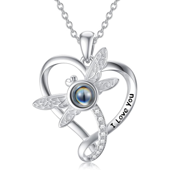 CACA LADY I Love You Necklace 100 Languages Projection Necklace 925 Sterling Silver Heart Dragonfly Pendant Necklace jewelry Romantic Gifts for Gfriend Women Birthday Anniversary