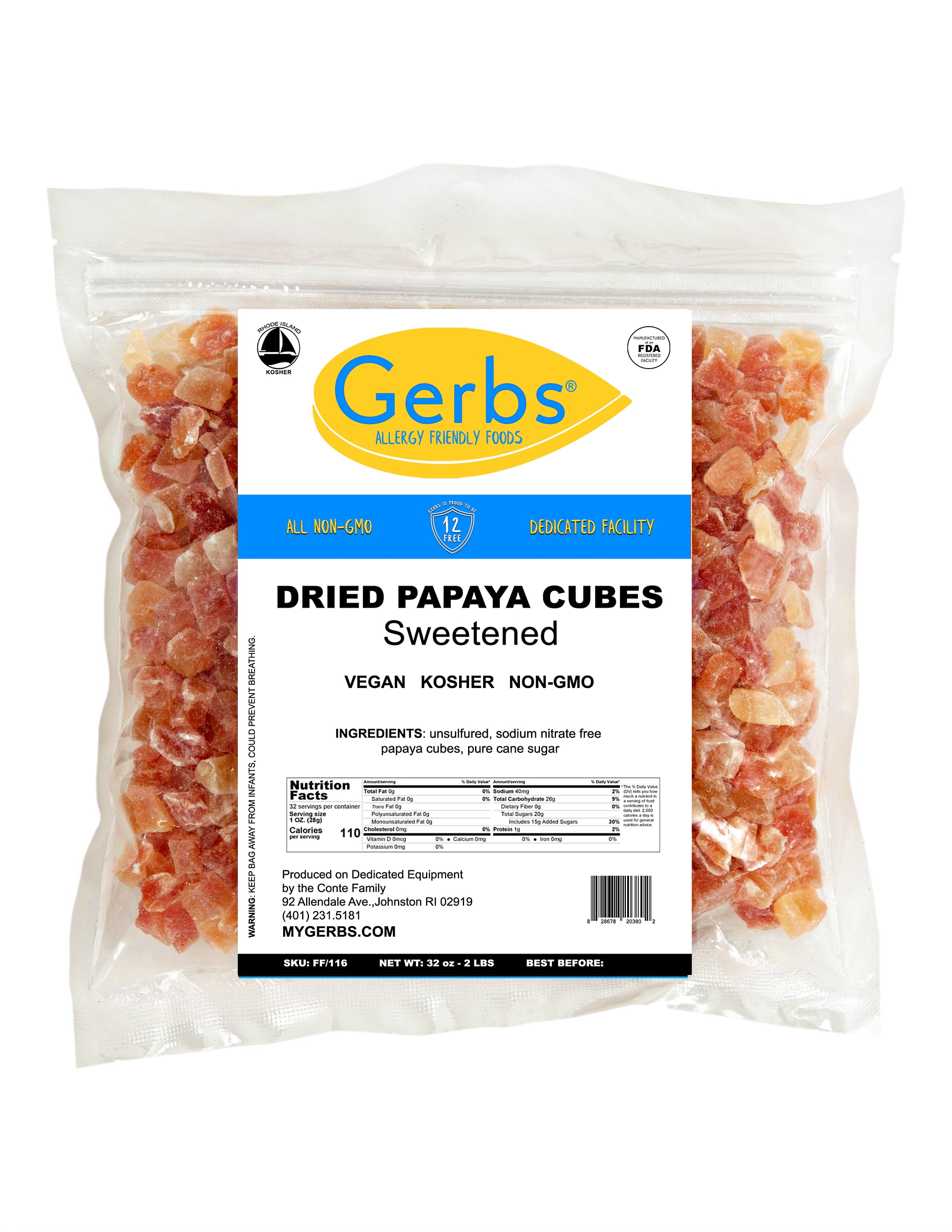 GERBS Dried Papaya Cubes 2 LBS. Freshly Dehydrated Resealable Bulk Bag Top Food Allergy Free