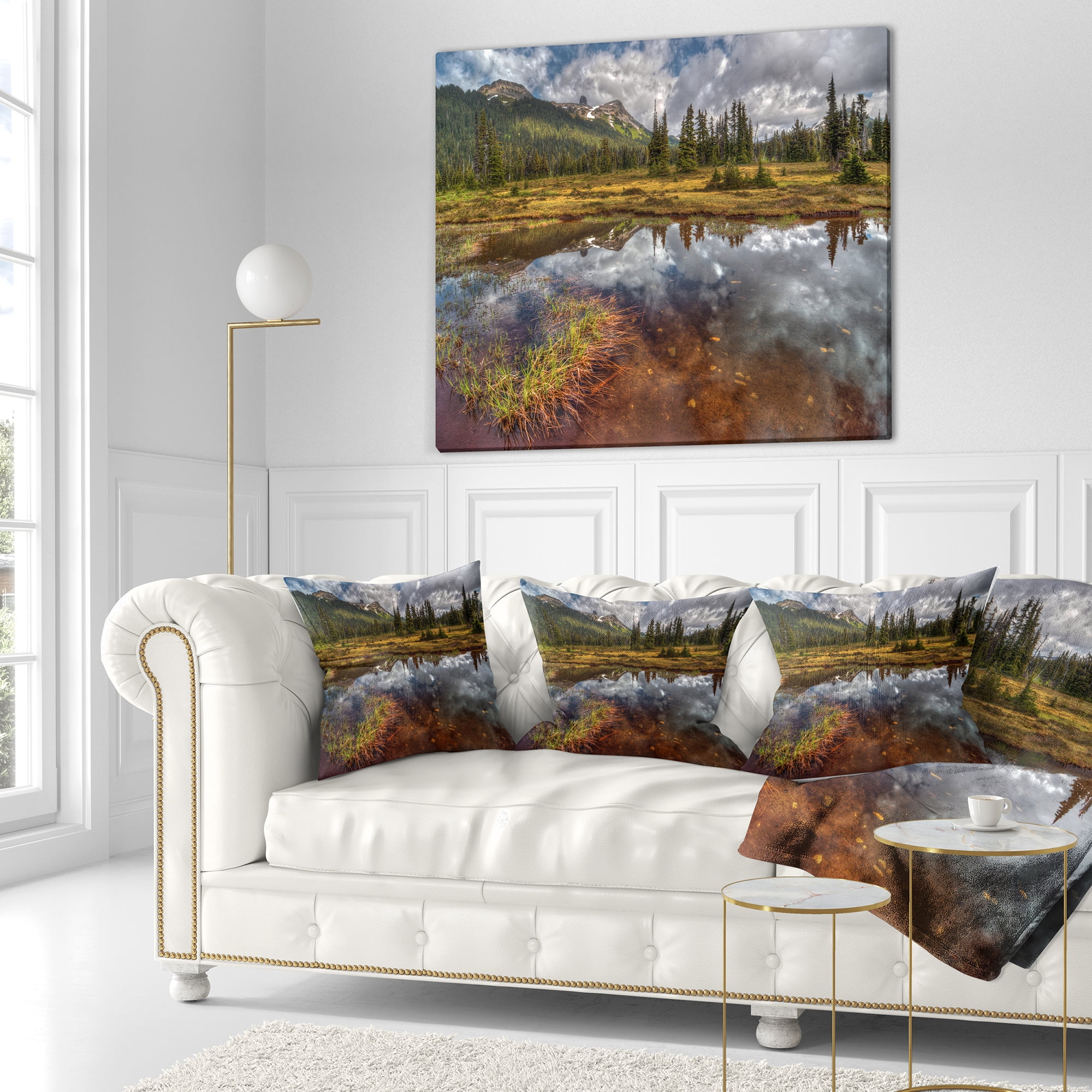 Designart Shallow Lake under Cloudy Sky - Landscape Printed Throw Pillow - 16x16