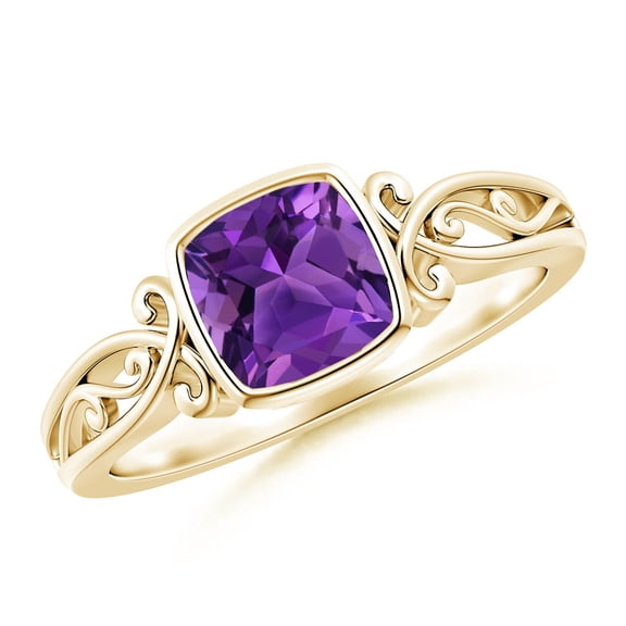 ANGARA Natural Vintage Style Cushion Amethyst Solitaire Ring in 14K Yellow Gold for Women (Size-6mm) | February Birthstone, Birthday, Anniversary, Jewelry Gift for Women | Natural Amethyst Ring