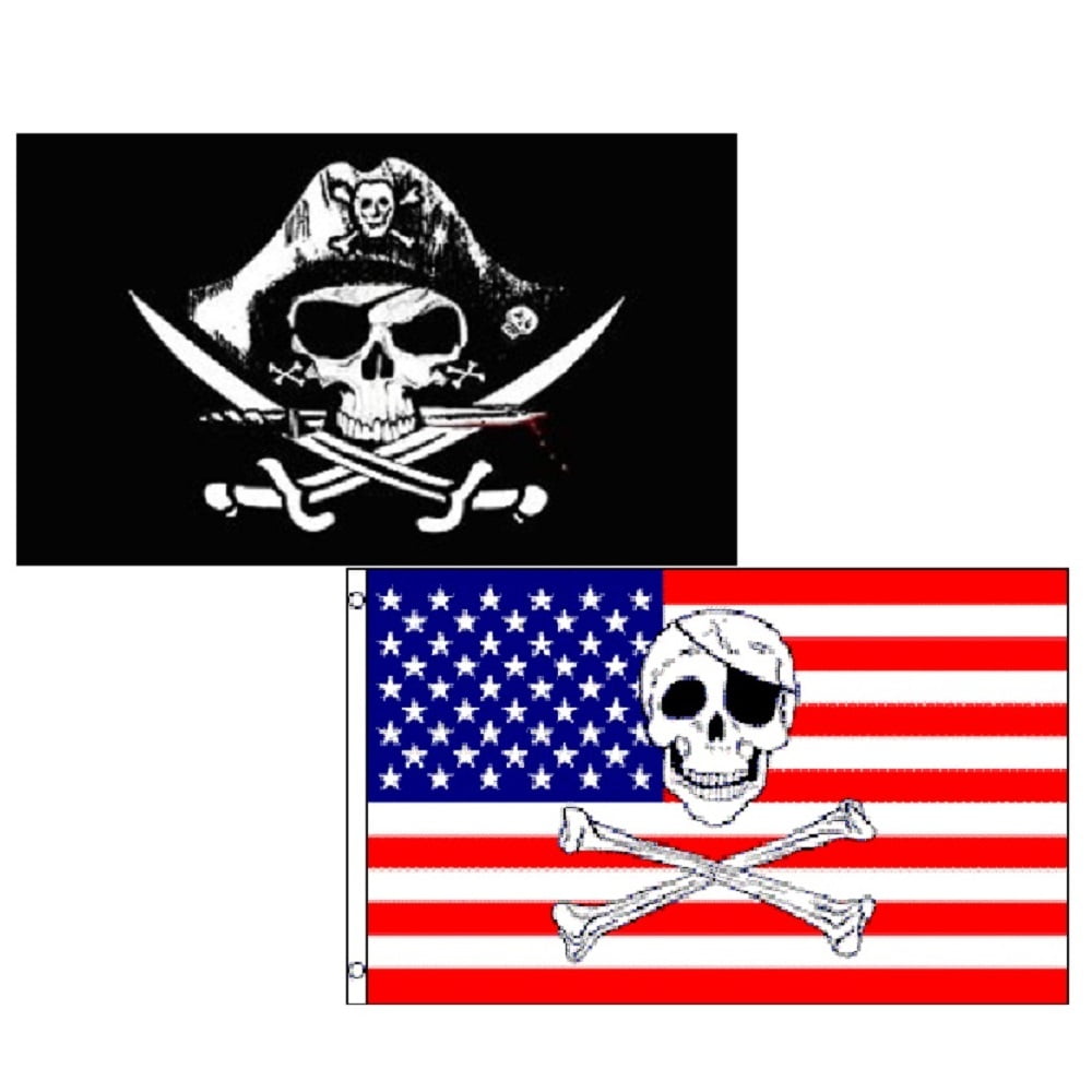 5' Wood Flag Pole Kit W/ Nylon White Bracket 3x5 Skull W/ Crown Pirate Poly Flag 
