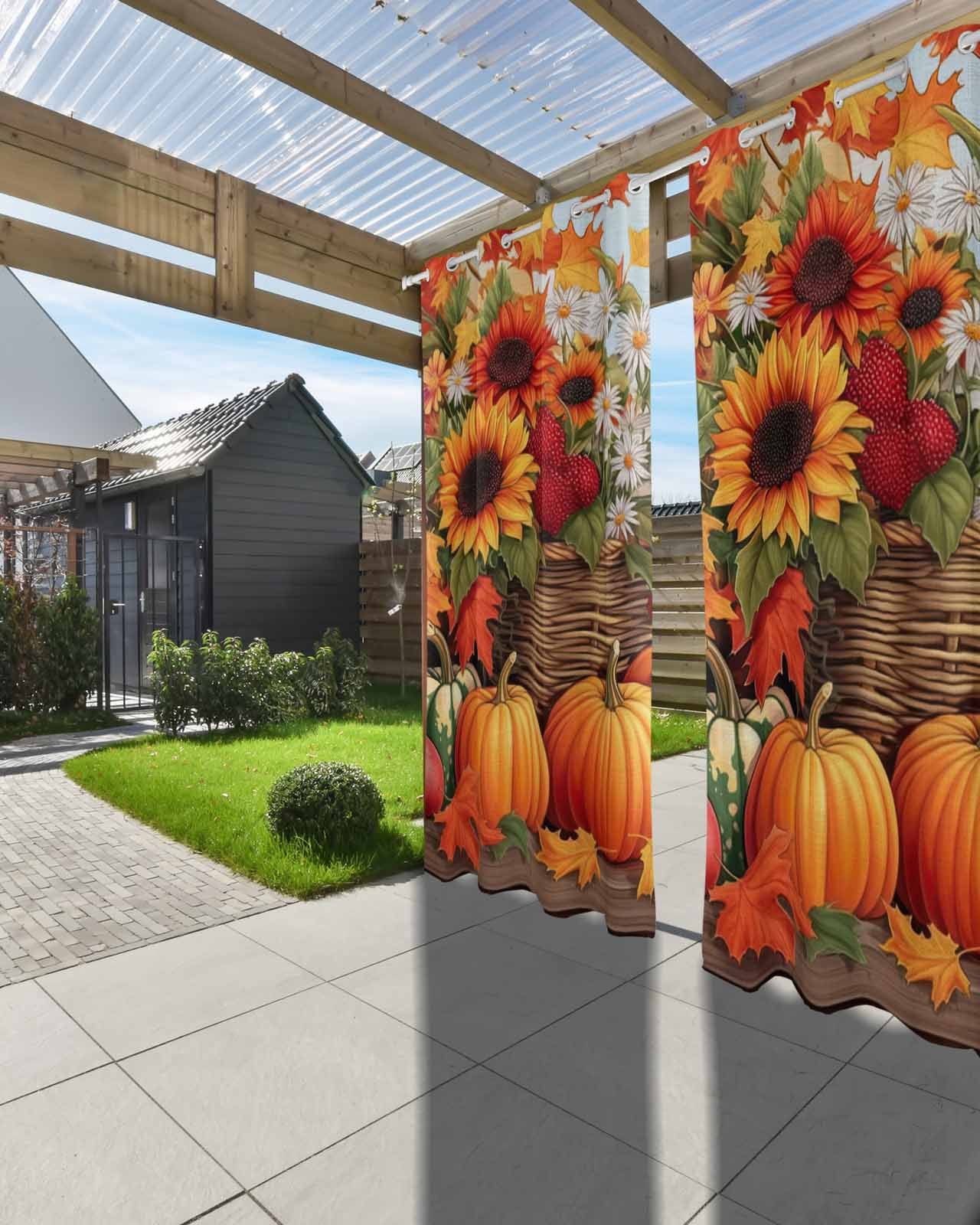 Outdoor Curtains for Patio, Orange Pumpkins Fall Waterproof Blackout Outside Curtain for Porch/Pergola/Gazebo, Watercolor Sunflower Botanical Thermal Insulated Drapes, 2 Panels, 54 x 84 Inch