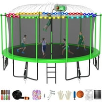 Jump Into Fun Trampoline 16FT with Basketball Hoop and Lights Sprinkler Socks Enclosure, 1500LBS Weight Capacity Backyard Outdoor Trampoline for Adults and Kids, Trampoline for Gift, Family Use