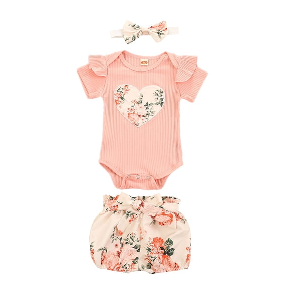LMLYSoH Baby Girl Summer Clothes Set, Ruffle Short Sleeve Rib Knit Romper Floral Shorts Headband Set