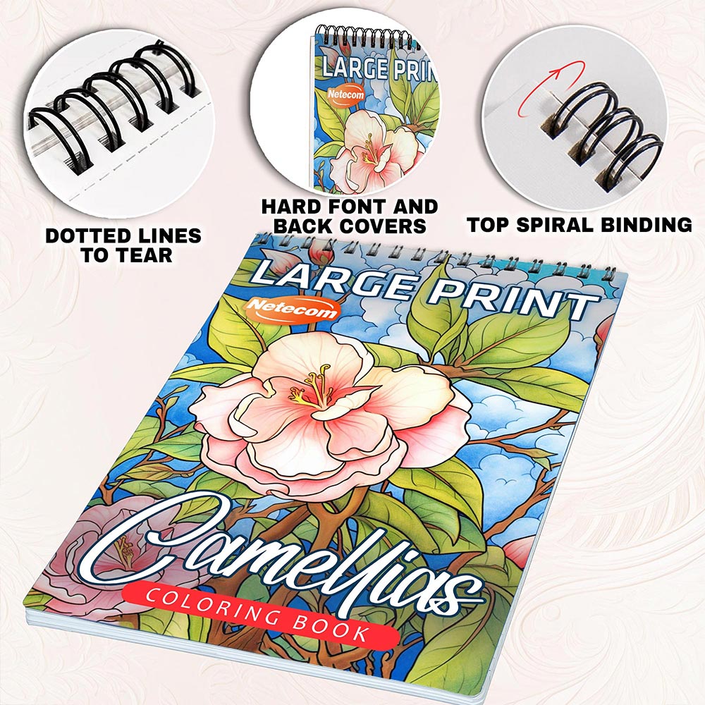 Netecom Large Print Camellias Coloring Book for Adults, Spiral Bound, Soft Cover