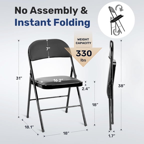 Dining Chairs Set of 4, Leather Cushion Foldable Contemporary Kitchen Side Chair with Padded Back & Sturdy Metal , Upholstered  for Home/Living Room/Bedroom/Cafe, Black