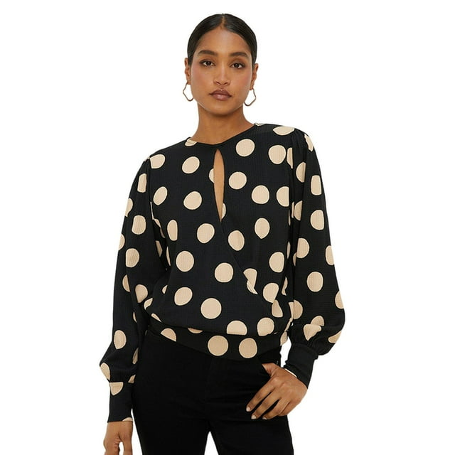 Dorothy Perkins - Jersey Lunares de Manga Larga para Mujer (Negro, Crema)