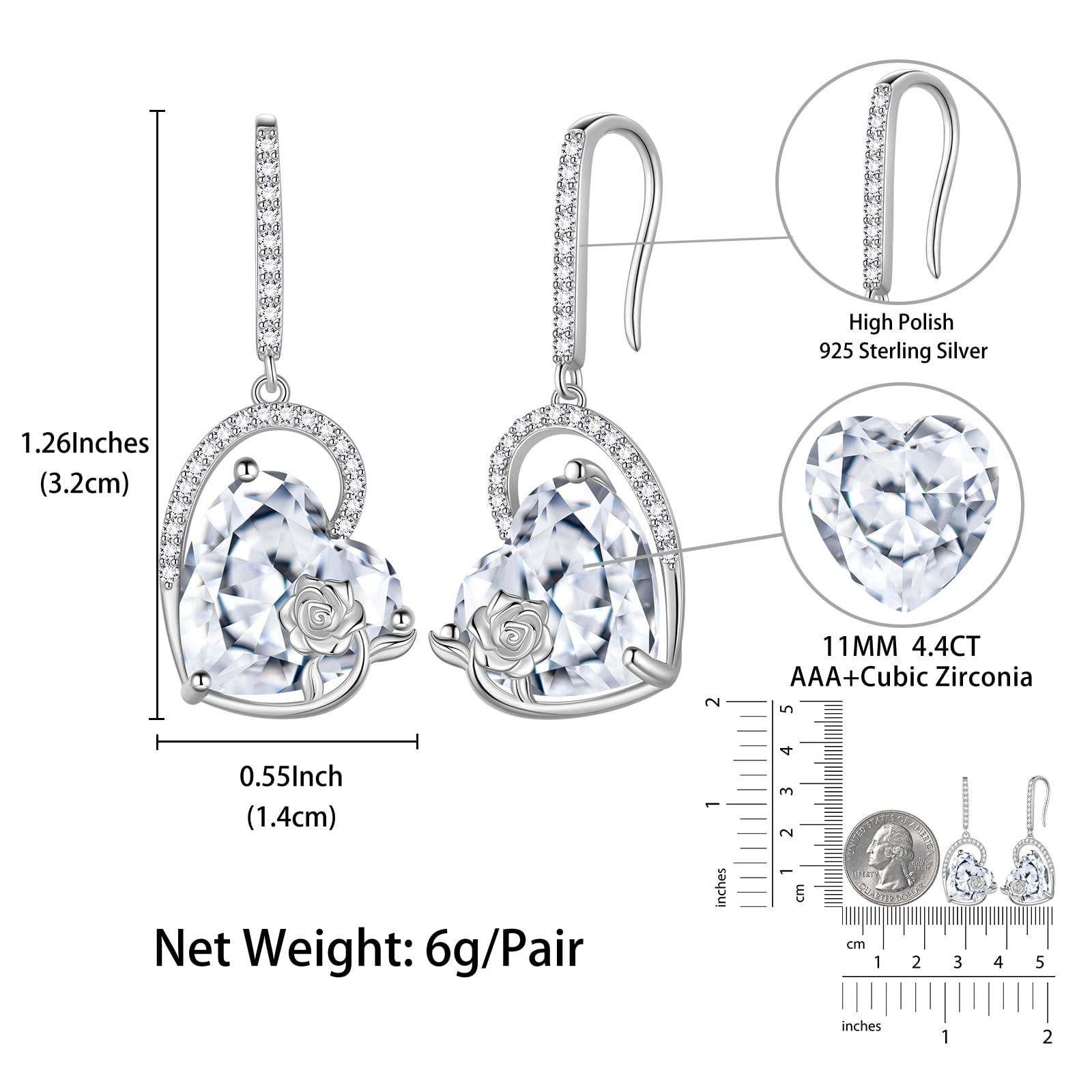 Juwaliy 925 Sterling Silver Earrings Women Heart April Birthstone Hook Dangle Earrings Diamond Rose Flower Wedding Bridal Jewelry Mom Valentine's Day Gift