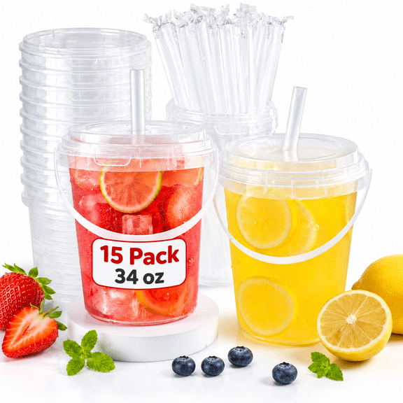 15 Sets 34 oz Plastic Cups with Lids and Straws - Portable To-Go Beverage Tumblers with Handles for Pool, Beach, Picnic and Party Supplies, Reusable