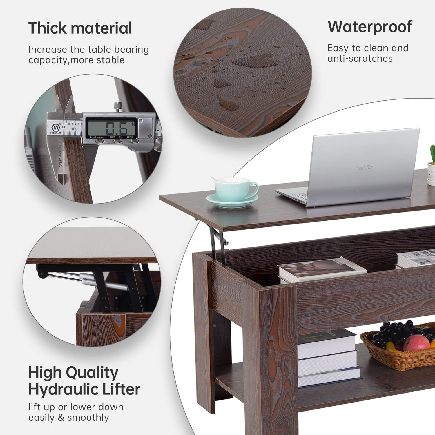 FDW Lift Top Wooden Coffee Table with Hidden Compartment, Espresso