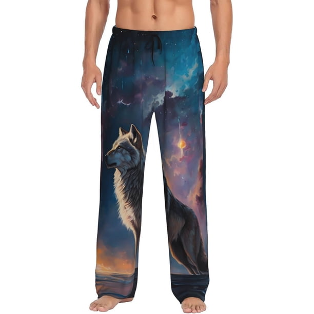 Fotbe Night Sky Wolf Pantalones de Pijama para Hombre, Pantalones de Dormir, Pantalones de Casa con Cintura Ajustable y Bolsillos-3X-Large