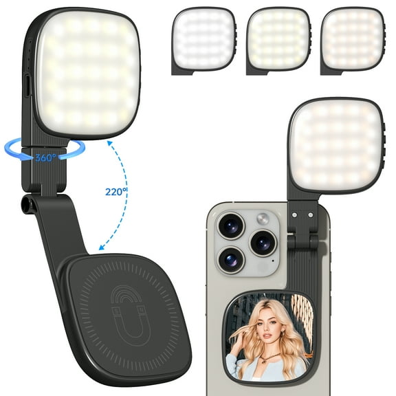 Cshidworld Magnetic Ring Light, Rechargeable 1000mAh, 48 High-Lumen LEDs, 10 Brightness Levels, 360° Rotation, Built-in Mirror, Ideal for Live Streaming, Selfies, Vlogging, Makeup, black